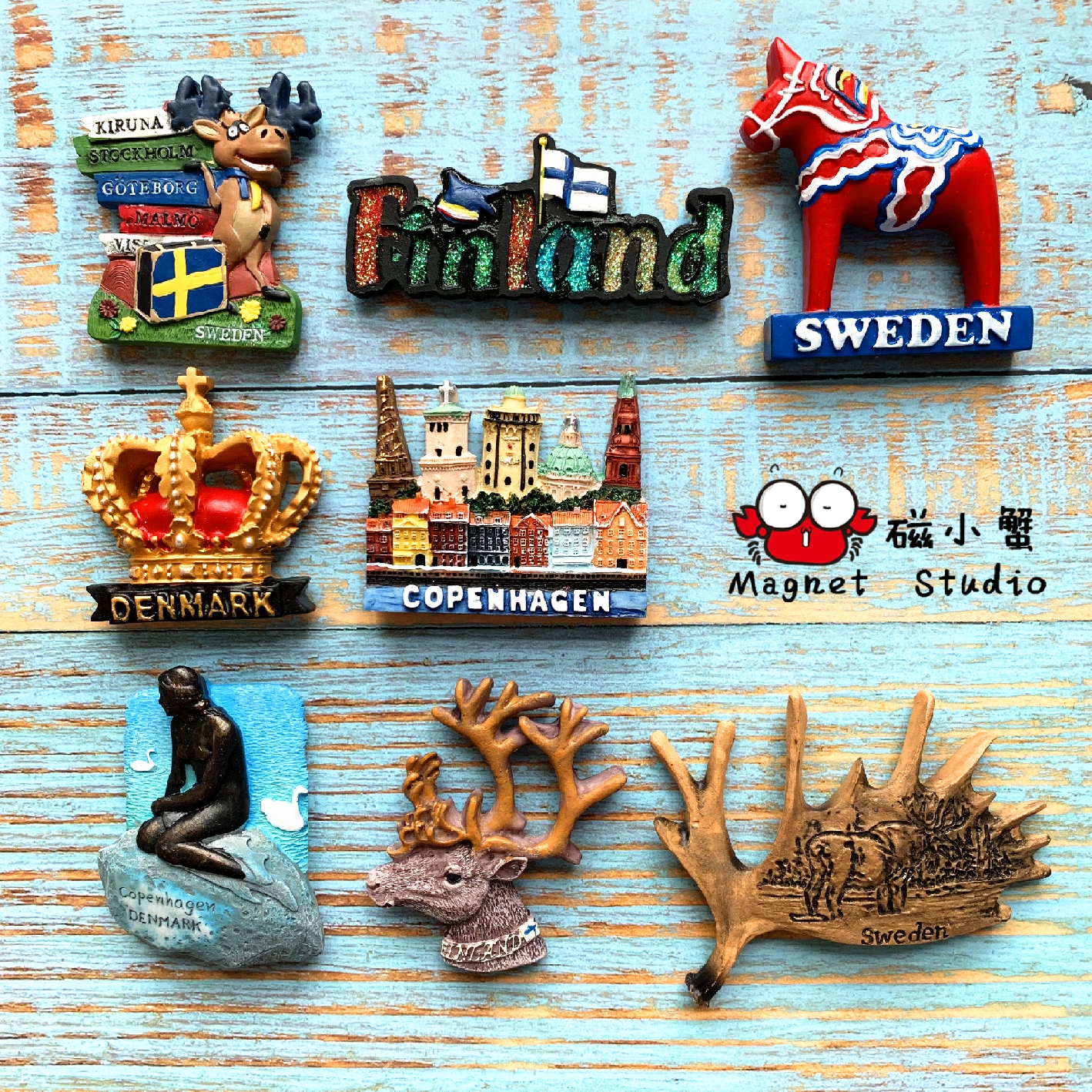 北欧四国冰箱贴丹麦美人鱼 瑞典鹿 芬兰挪威旅游纪念品磁贴ins风