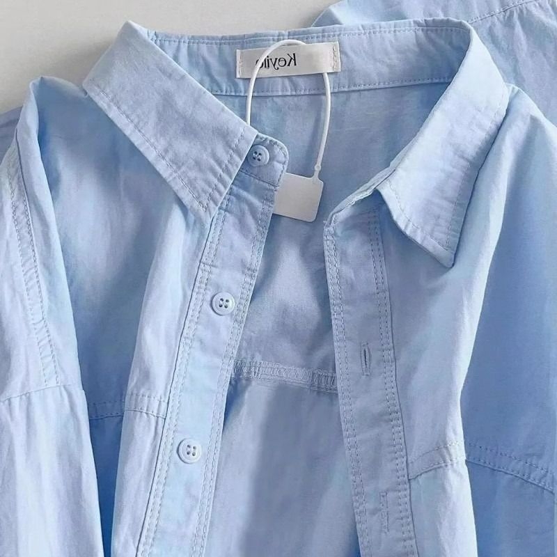 蓝色纯棉衬衫女长袖2024春装小衫新款别致宽松超好看上衣洋气衬衣