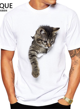 3D立体逼真猫咪T恤男莫代尔短袖可爱动物狗狗图案印花情侣T恤个性