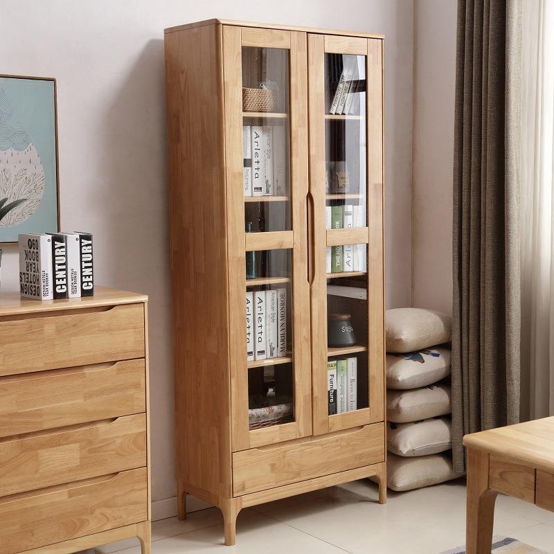 北欧现代全实木书柜带玻璃门书房原木储物简约两门收纳书橱组合柜