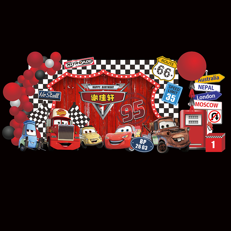 汽车总动员麦昆宝宝百日宴红色背景设计 免抠PSD生日派对效果图