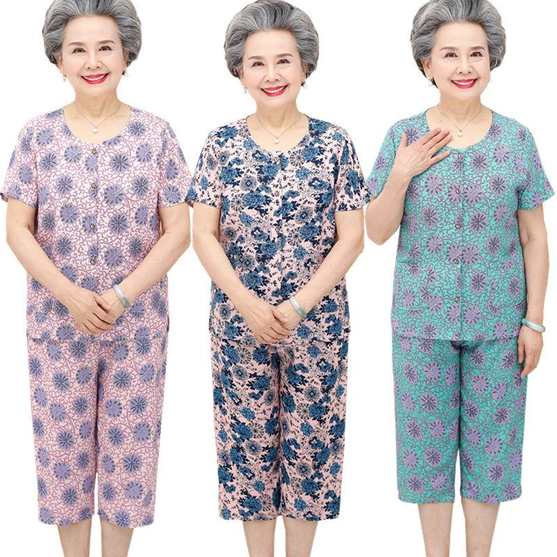 中老年人夏装女T恤60-70岁奶奶装短袖套装老人衣服妈妈装绵绸套装