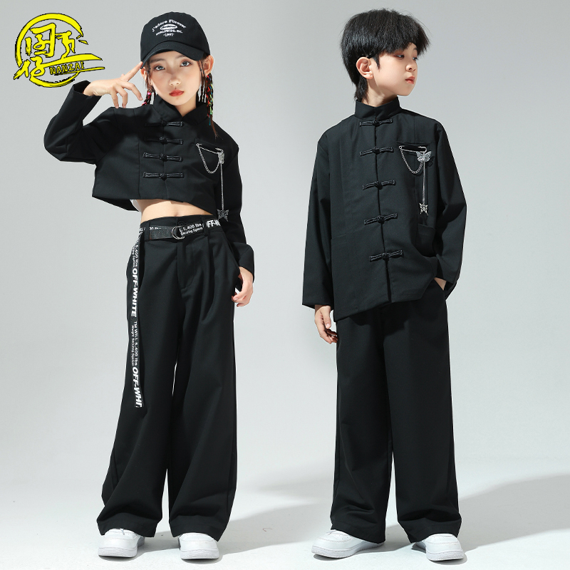 街舞儿童中国风唐装男童国潮嘻哈hiphop表演出服女童爵士舞服套装