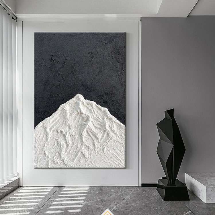 玄关抽象油画黑白灰厚油刮刀画客厅装饰画立体雪山风景画竖版落地