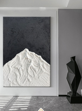 玄关抽象油画黑白灰厚油刮刀画客厅装饰画立体雪山风景画竖版落地