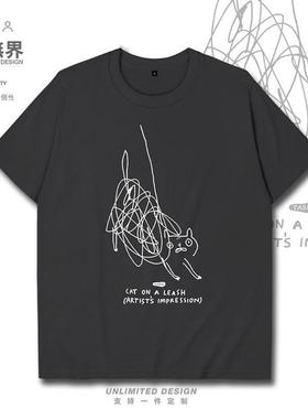 暴躁猫咪线条简笔画短袖T恤男女日系动物图案体恤衣服0015设 无界
