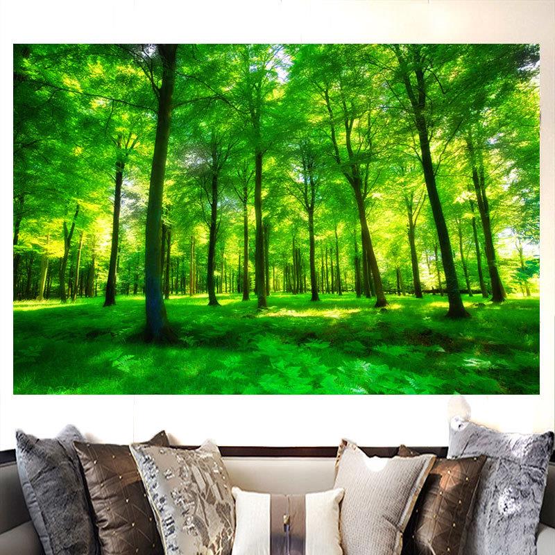 绿色树林风景画护眼森林草地背景墙装饰画自然墙壁贴纸防水自粘画