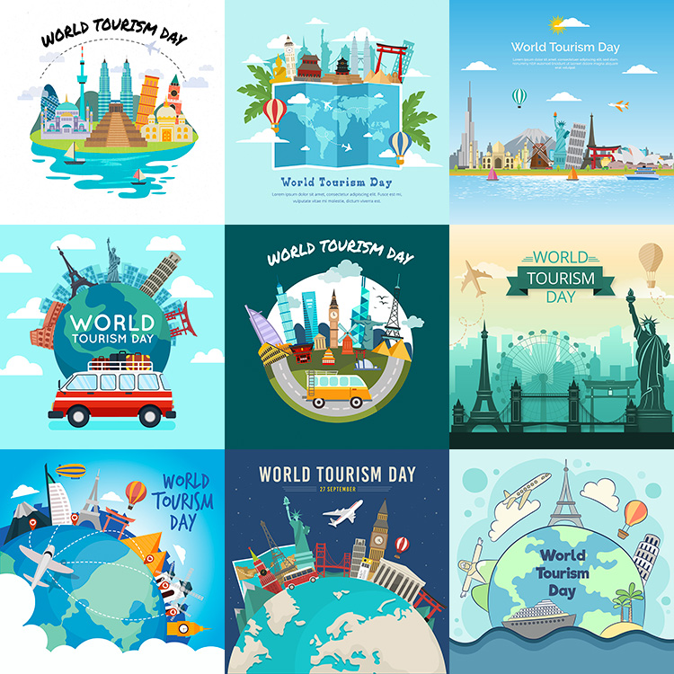 世界旅游日海报 环球旅行环游各地插画背景 AI格式矢量设计素材