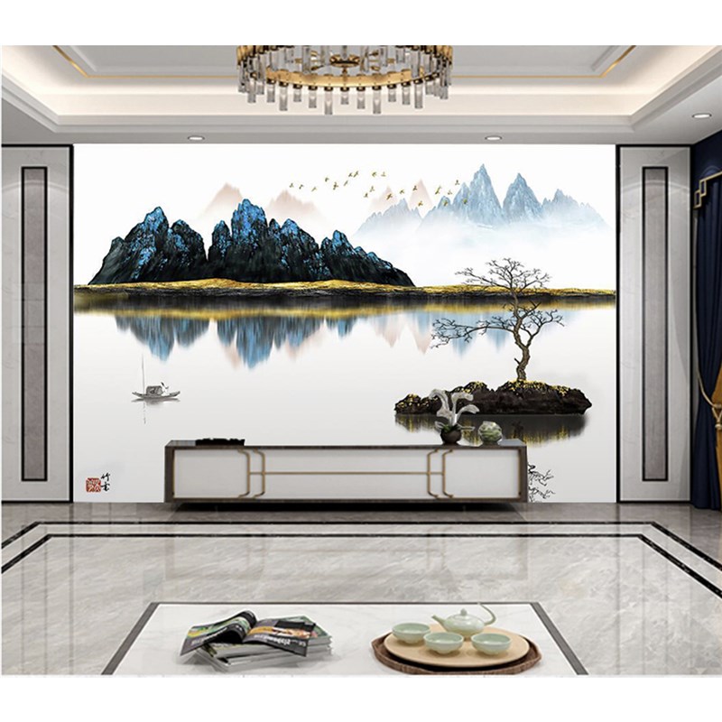 新中式意境山水水墨画壁纸客厅沙发电视背景墙壁画8d无缝影视墙布