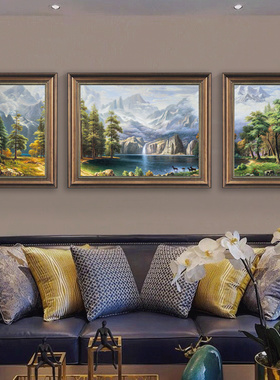 美式客厅装饰画沙发背景墙复古三联画风景油画欧式挂画聚宝盆壁画