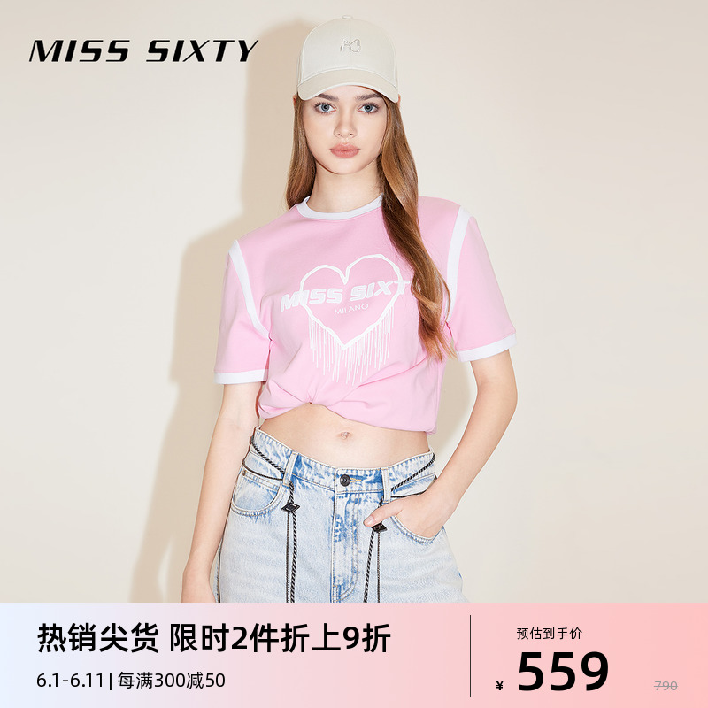 【限时折上折】Miss Sixty24春新款短袖T恤女拼色爱心印花简约