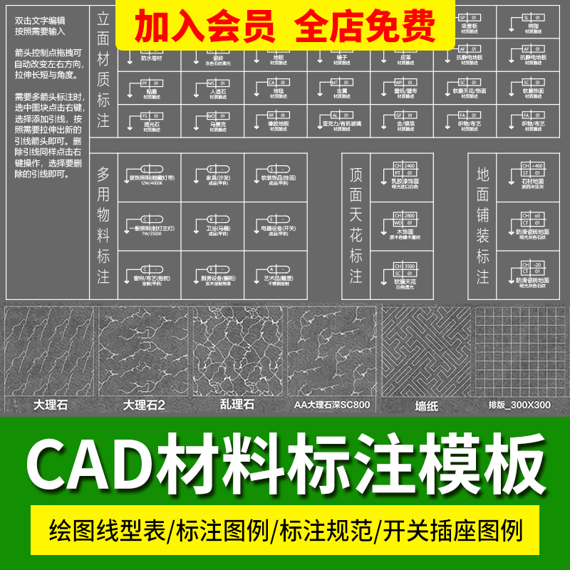 深化制图CAD材料标注模板标准动态开关插座图例线型图案填充图库