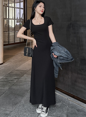 莫代尔超长连衣裙高个子方领长裙2024夏季新款垂感a字裙黑色裙子