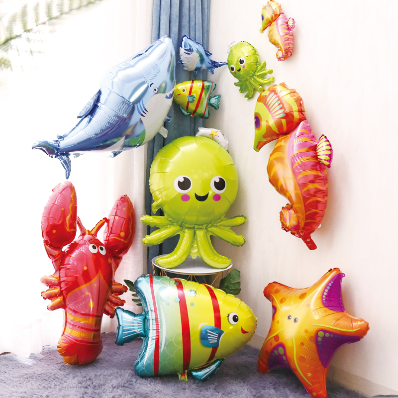 海洋主题动物气球鲨鱼海马龙虾章鱼海星铝膜可爱酒店生日派对布置
