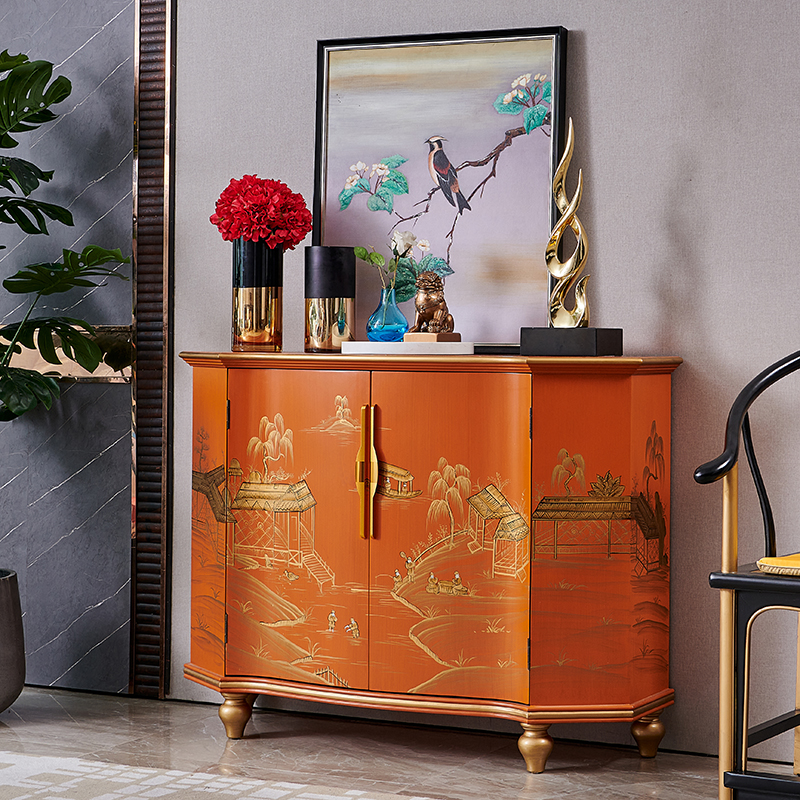 法式乡村复古高档轻奢实木餐边柜储物柜桔橙色中式手绘描金玄关柜