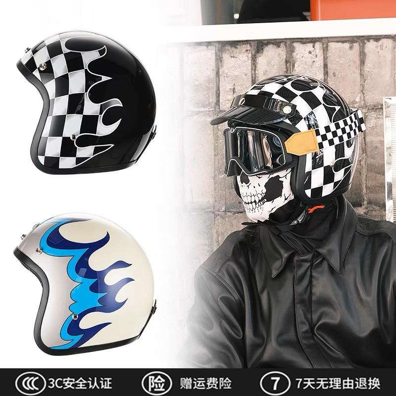美式3C烈火风复古摩托车头盔3/4半盔巡航电动车冬头盔可拆卸蓝牙