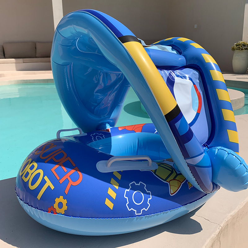 夏日带防晒遮阳蓬儿童机器人坐圈 卡通充气游泳圈座圈可拆卸