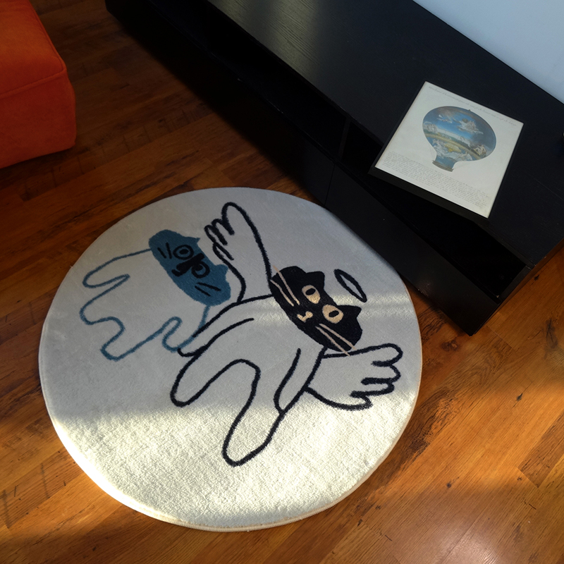 TRIPPY原创设计 手绘简笔画涂鸦 天使猫 客厅卧室仿羊绒圆形地毯