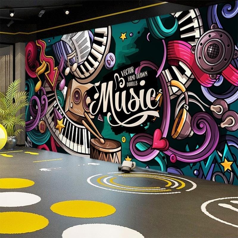 涂鸦音乐背景墙装饰壁画3d立体音乐舞蹈室健身房墙纸潮流酒吧壁纸