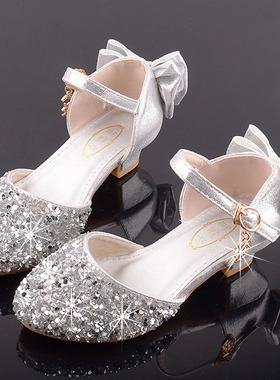 女童高跟公主鞋模特走秀演出皮鞋银色配儿童礼服裙闪亮舞台水晶鞋