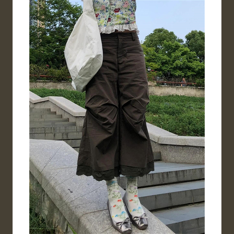 蕾丝边拼接咖色薄款透气七分直筒裤子女2024夏季设计感小众阔腿裤