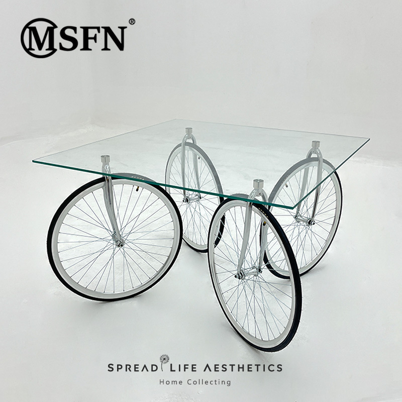玛斯菲诺摩登现代创意设计异形网红玻餐桌创意自行车轮胎玻璃餐桌