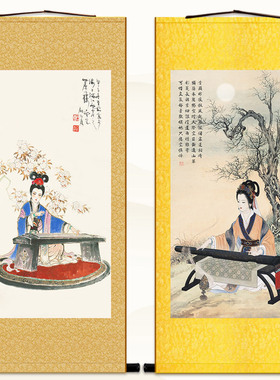 仕女抚琴图 古代美女古筝弹琴人物画像 中式卷轴挂画装饰画绢布画