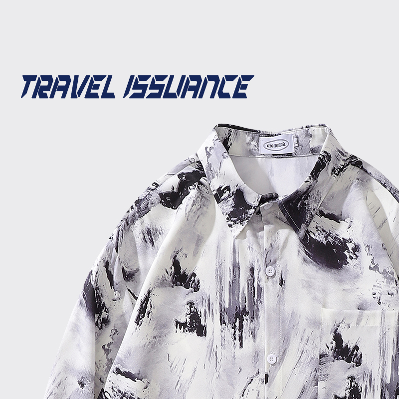 TRAVEL ISSUANCE 青烟袅袅 美式创意抽象印花宽松长袖翻领衬衫ins
