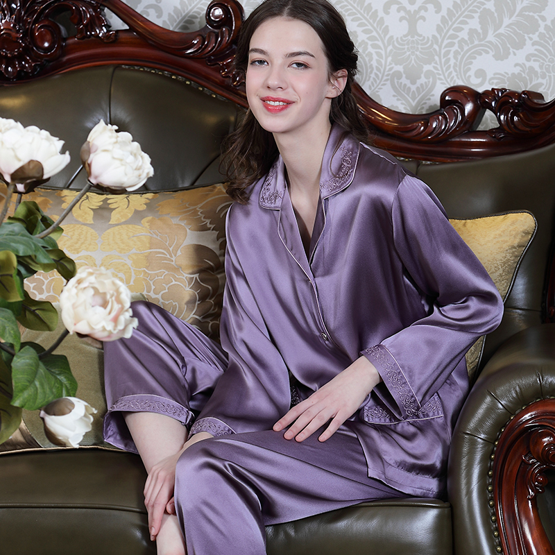 商场正品杭州丝绸100%桑蚕丝顺滑长袖长裤两件套可外穿家居服紫色