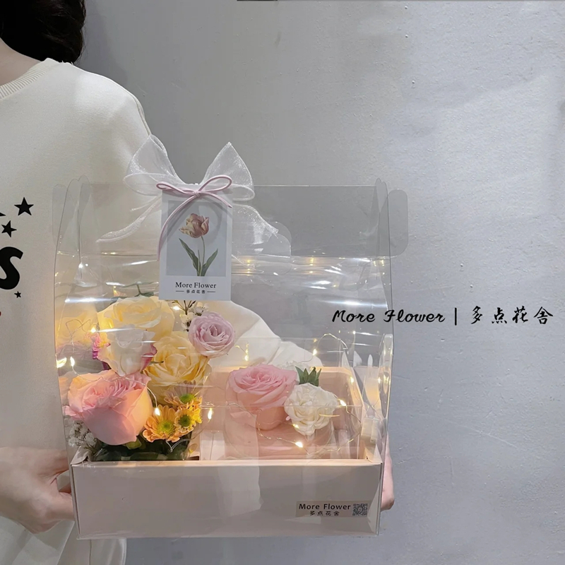 情人节鲜花蛋糕礼盒一体盒透明苹果盒水果花盒pvc手提鲜花包装盒