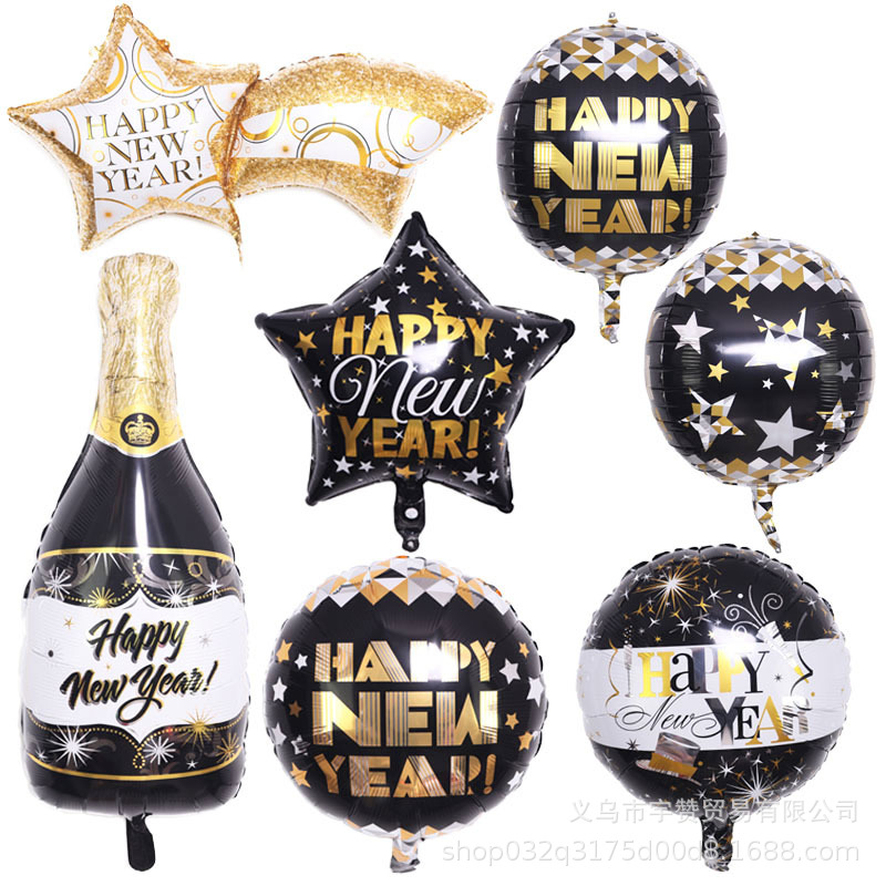 2021黑金新年快乐装饰拉旗HappyNewYear五角星流星黑色酒瓶4D气球
