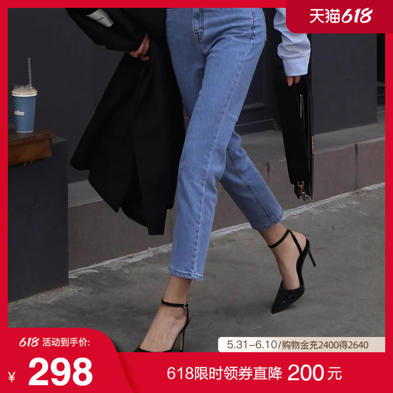 法贝妃2024夏季新款女装凉鞋一字带细跟性感高跟鞋10厘米黑色女鞋