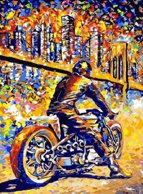 diy数字油画抽象人物填色绘油彩装饰画 斑斓的摩托车骑手和城市