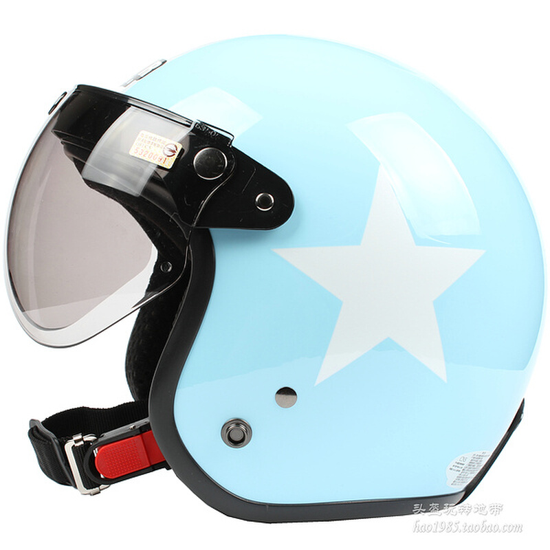 。台湾浅蓝白星哈雷电动摩托车头盔男女防晒紫外线复古半盔保暖冬
