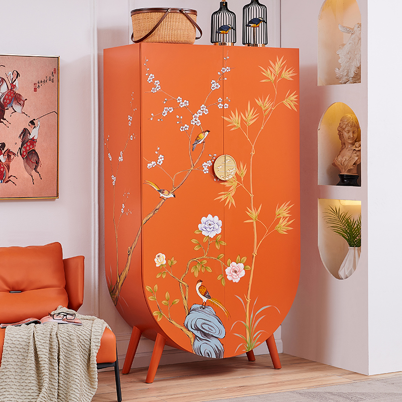 新中式客厅装饰立柜卧室收纳橙色手绘边柜法式实木对开门小衣橱柜