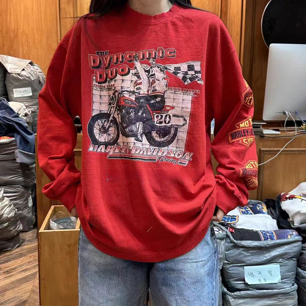 现韩国东大门代购garment女24春季时髦做旧摩托车印花宽松长袖T恤