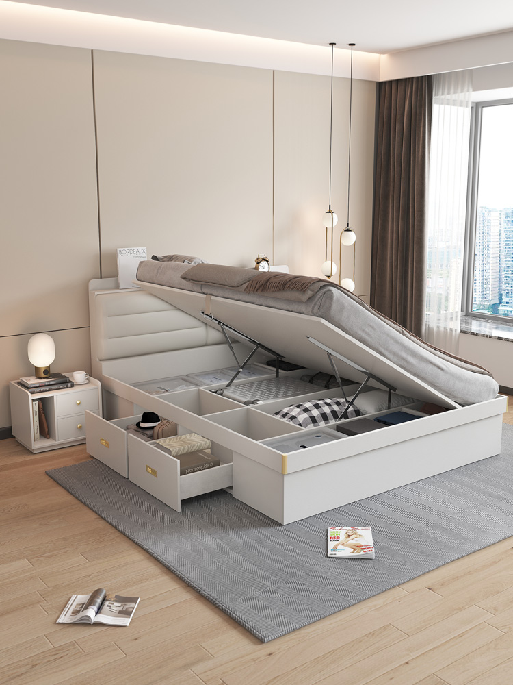 现代简约床白色卧室双人床气压收纳箱体高箱储物1.5米侧开小户型