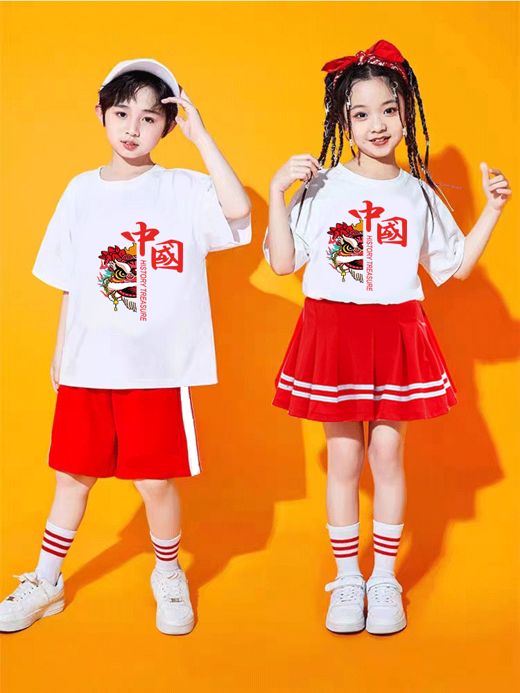 中国风儿童演出服醒狮图案T恤合唱服中小学生运动会毕业典礼班服