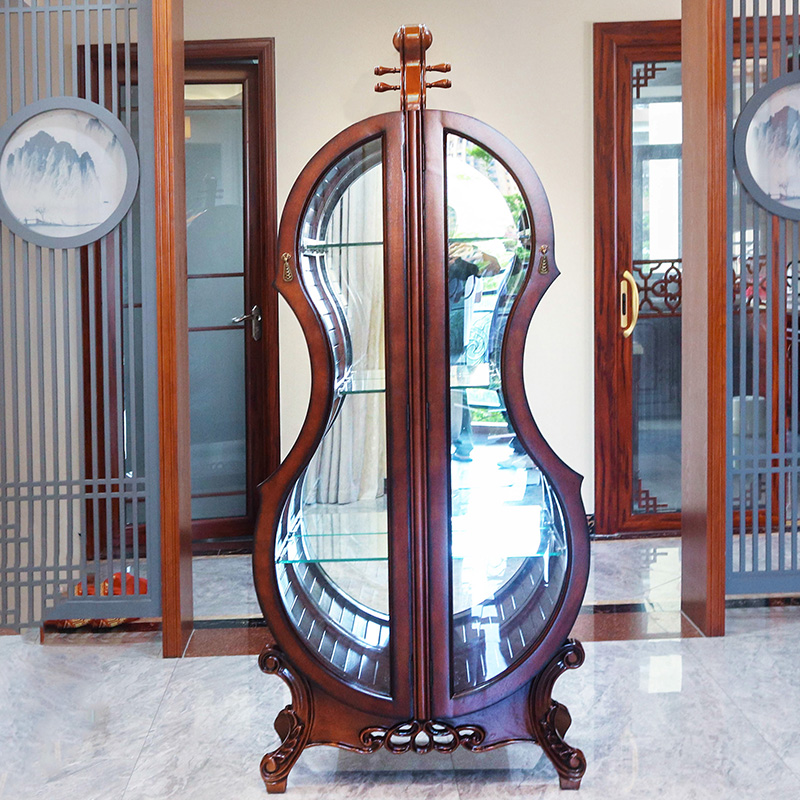 小提琴酒柜实木雕花玻璃双门客厅展示柜家用欧式美式轻奢摆件