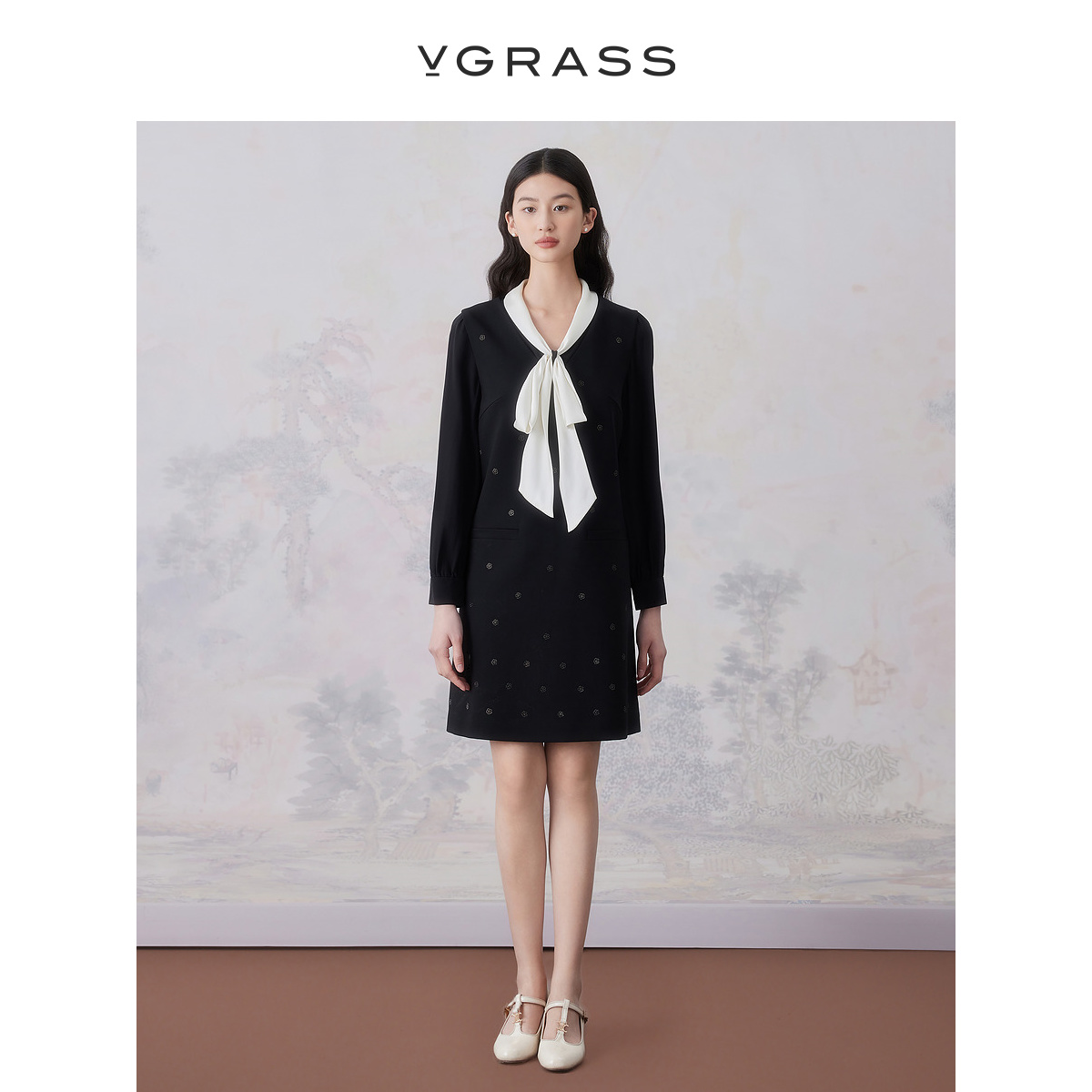 VGRASS黑色羊毛镶拼长袖气质连衣裙女春季新款丝带领结VSL2O12200
