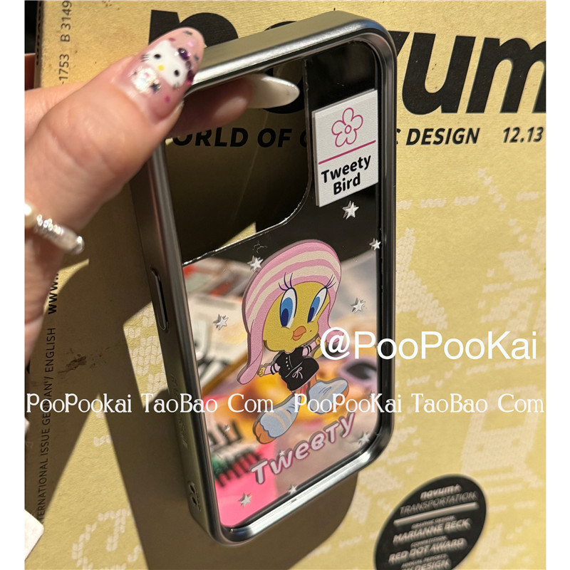 PooPooKai电镀边框卡通小鸟镜面适用苹果15iphone14手机壳13promax防摔ins保护套12个性小众11可爱