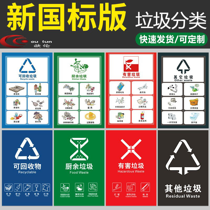 垃圾分类标识贴纸国标垃圾分类垃圾桶可回收有害厨余其他垃圾标识贴北京上海杭州深圳苏州垃圾分类标识提示牌