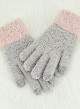 推荐手套女冬季针织加绒加厚保暖触控屏幕五指毛线开车户外防寒潮