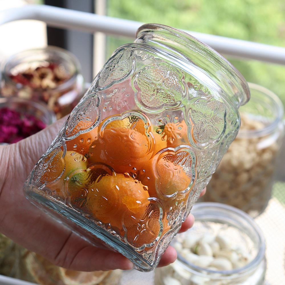 复古海棠花纹玻璃密封罐储物罐厨房家用干果零食大容量储物罐子