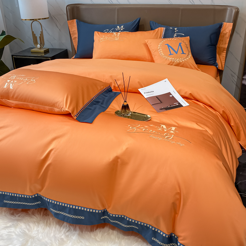 轻奢高端100支爱玛橙全棉床单纯棉简约刺绣被套2021新款床上用品
