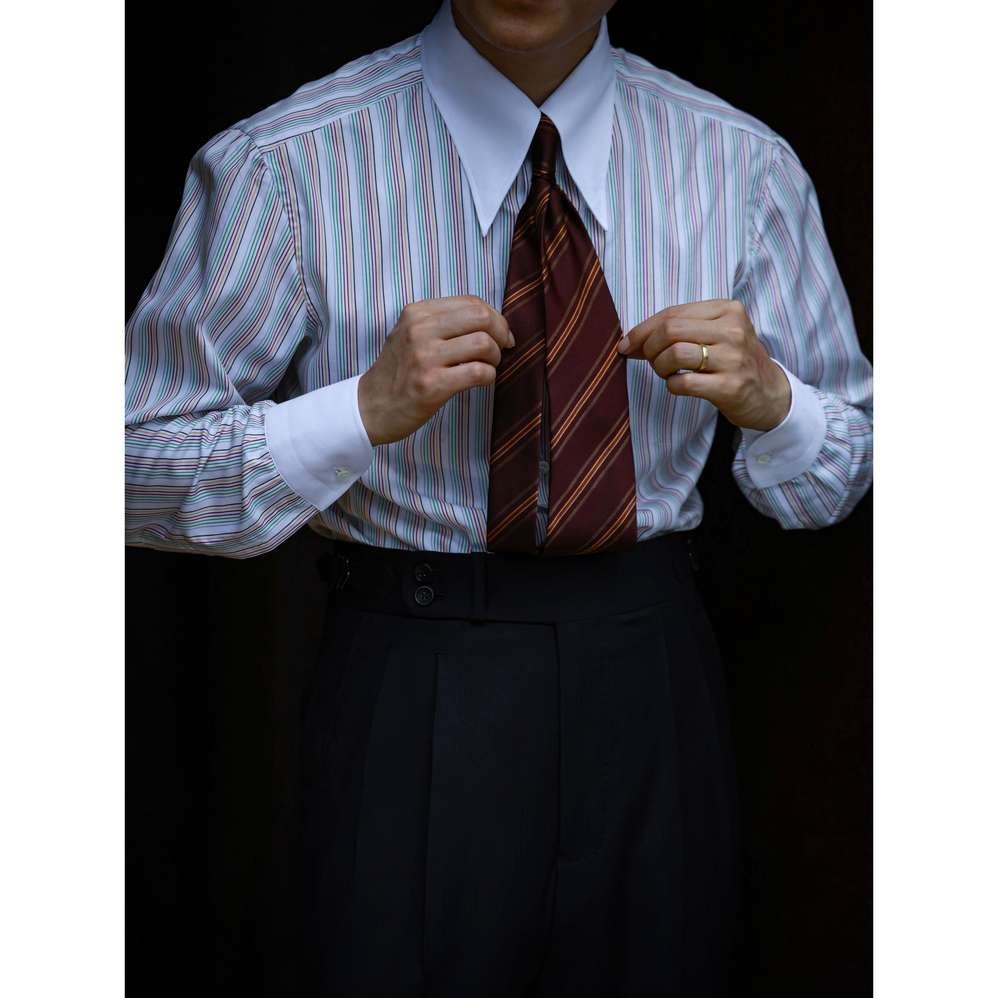 UG男装 绿标系列 教父拼色领 卡布里彩条 复古长尖领长袖绅士衬衫