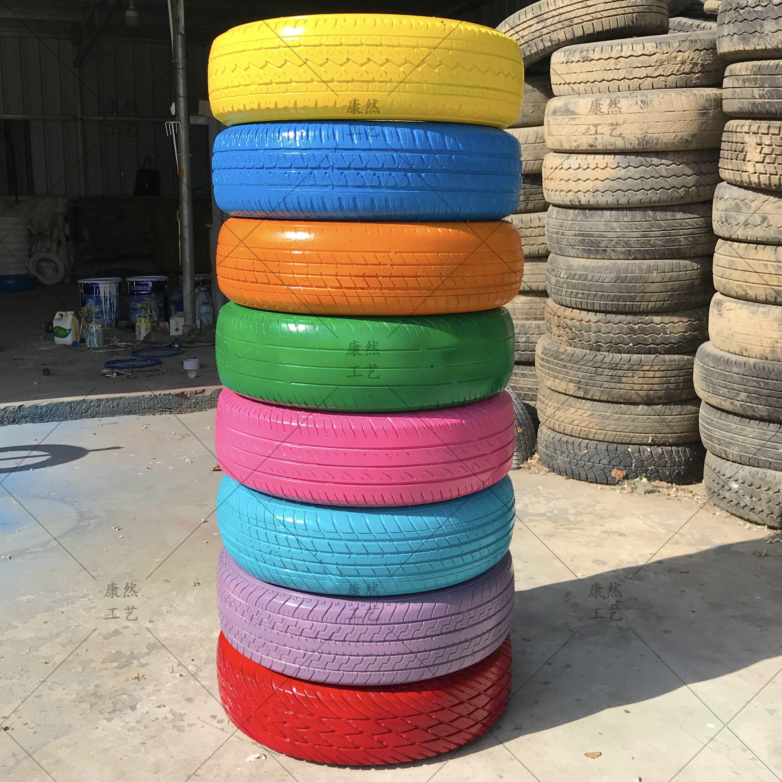 轮胎创意花盆 纯色/彩绘轮胎工艺幼儿园轮胎花园景观艺术装饰摆件