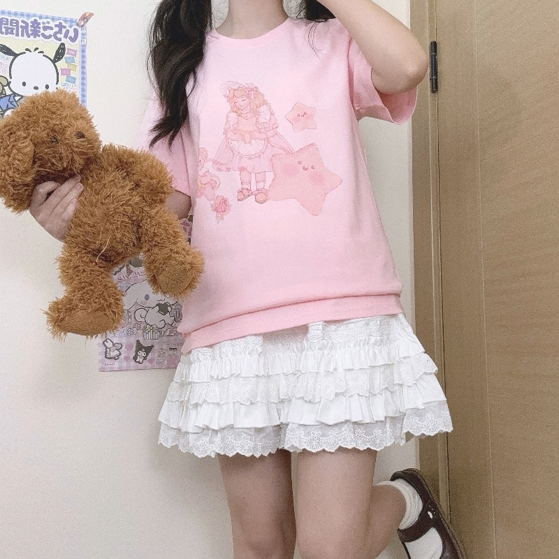 原创设计粉色纯棉T恤甜美二次元日系可爱印花学生正肩上衣短袖夏