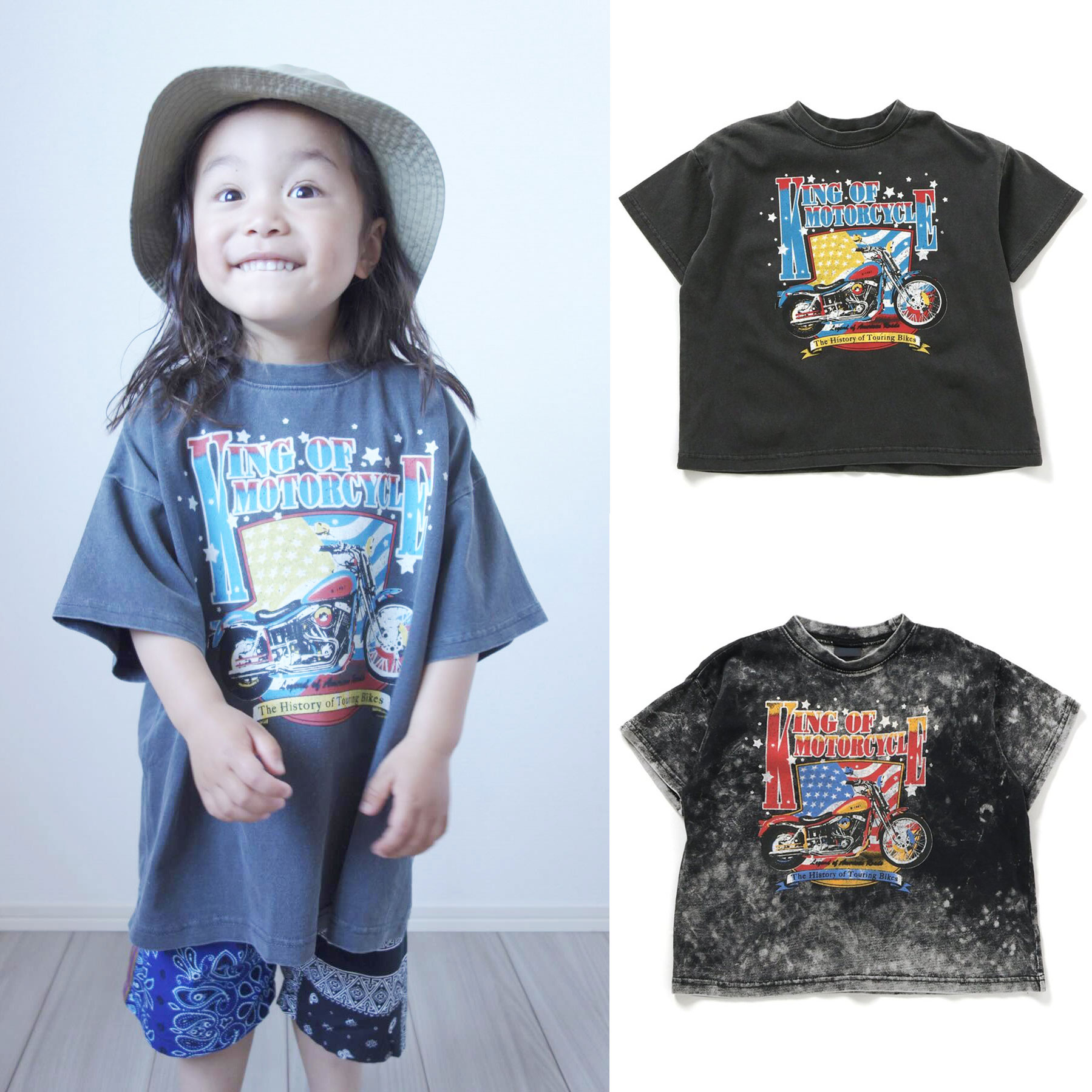 日本 BREEZE 2024夏季 儿童装户做旧复古爬赛摩托车宽松版短袖T恤