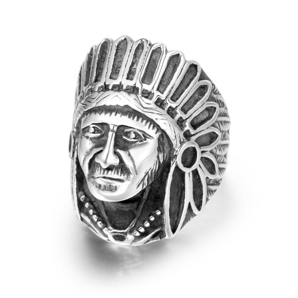 复古做旧印第安人酋长食指指环 朋克潮人钛钢头像戒指礼物SA387